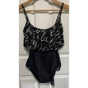 Robby Len Women's One Piece Swim Suit Black White Detachable Belt Size 10